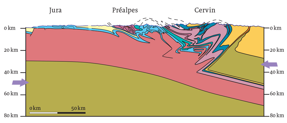 Coupe transversale des plaques tecnoniques au début de la création des Alpes
